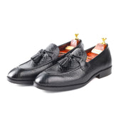 Men’s black Genuine Leather Formal Tassel Loafers Dress Shoes - Feetique Footwea